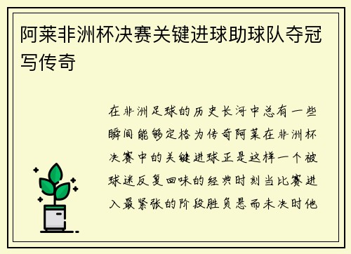 阿莱非洲杯决赛关键进球助球队夺冠写传奇 阿莱非洲杯决赛关键进球助球队夺冠写传奇